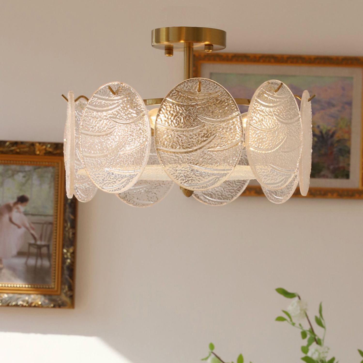 Mid-Century Circle Iron Glass Semi-Flush Ceiling Light