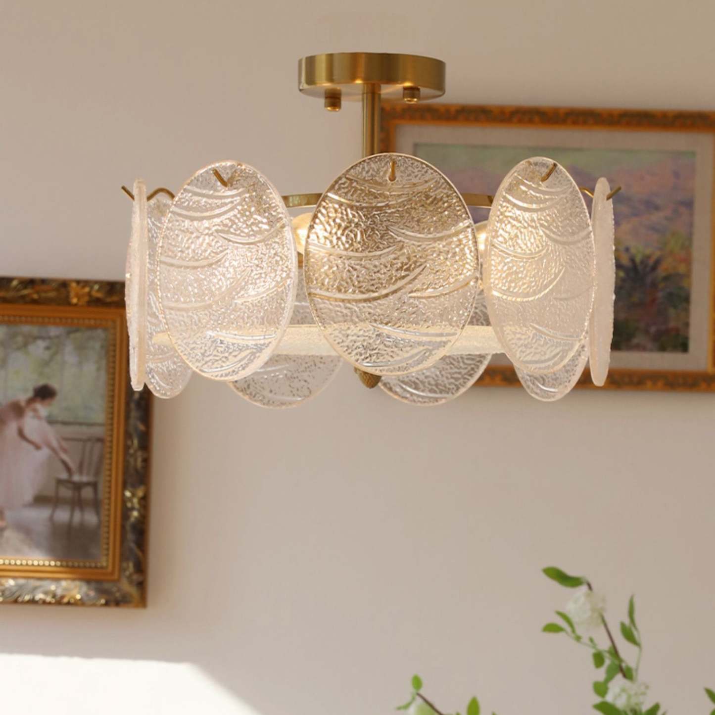 Mid-Century Circle Iron Glass Semi-Flush Ceiling Light