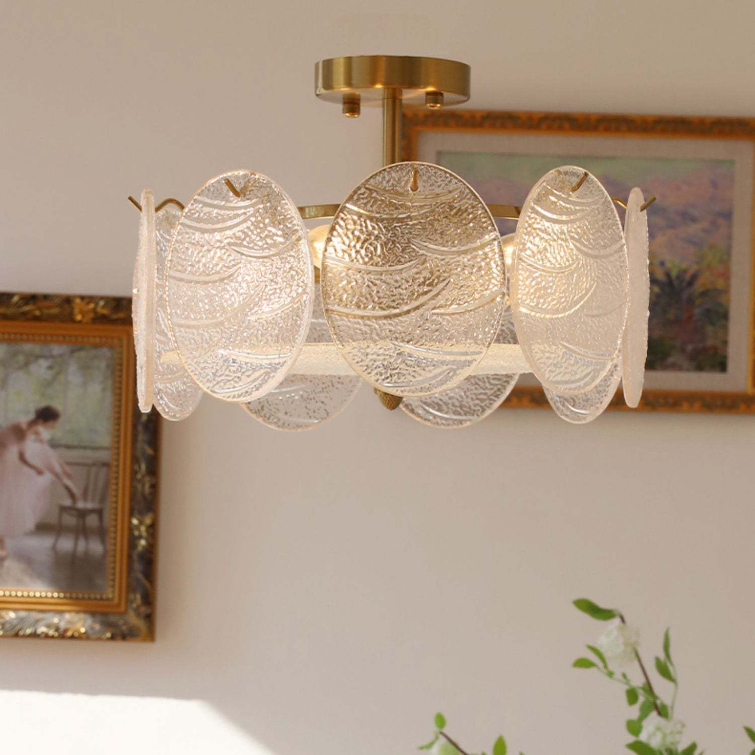 Mid-Century Circle Iron Glass Semi-Flush Ceiling Light