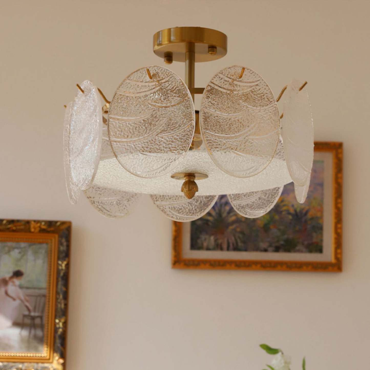 Mid-Century Circle Iron Glass Semi-Flush Ceiling Light