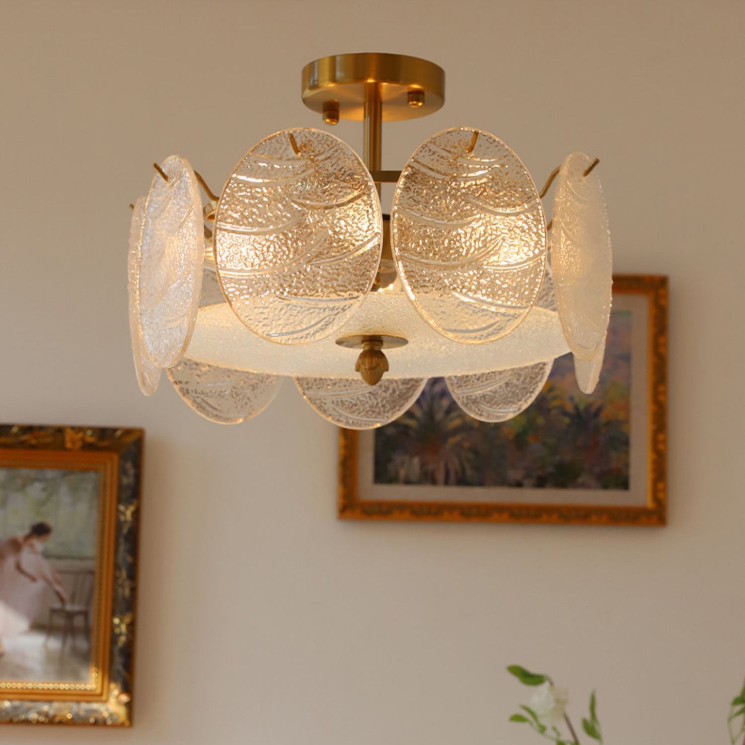 Mid-Century Circle Iron Glass Semi-Flush Ceiling Light