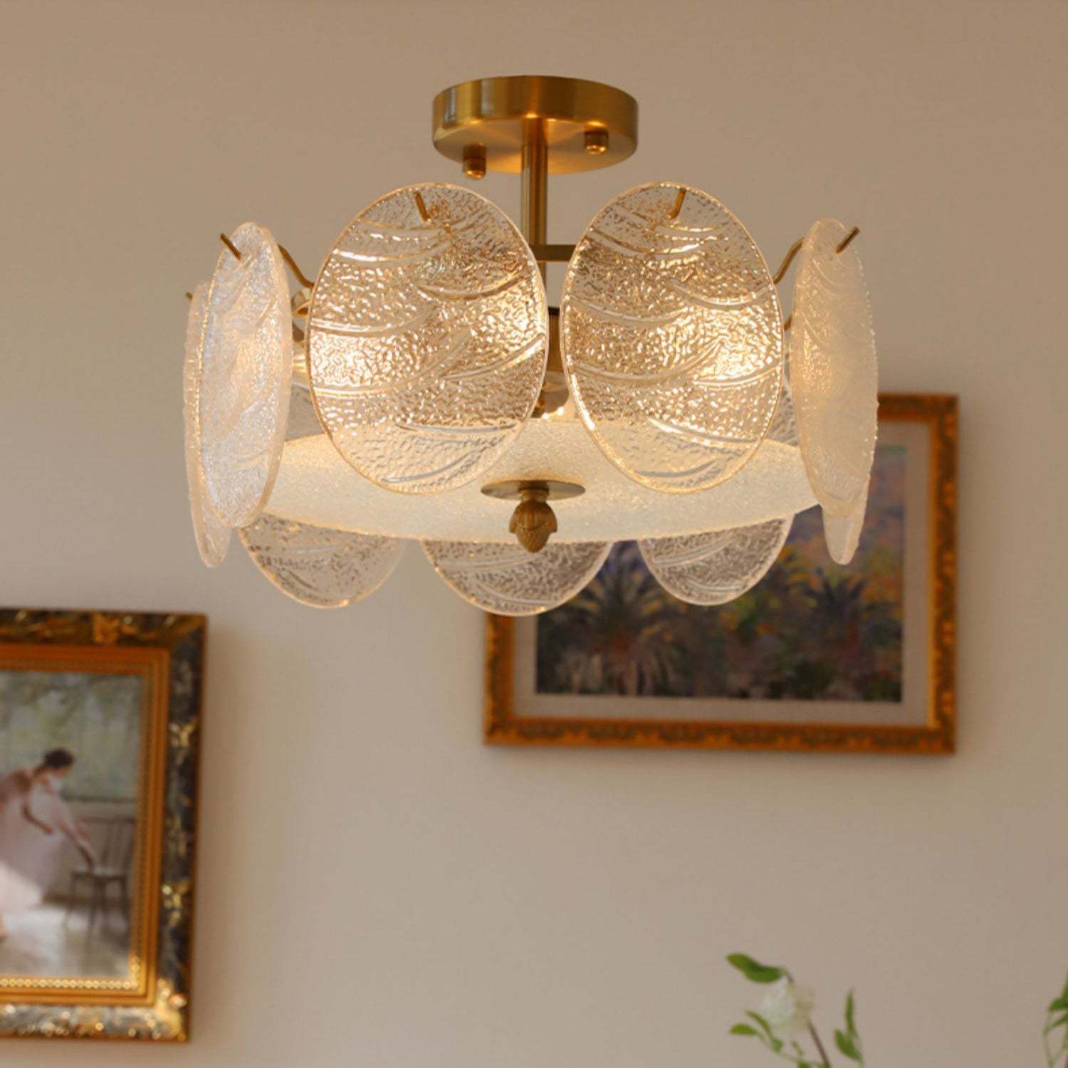 Mid-Century Circle Iron Glass Semi-Flush Ceiling Light