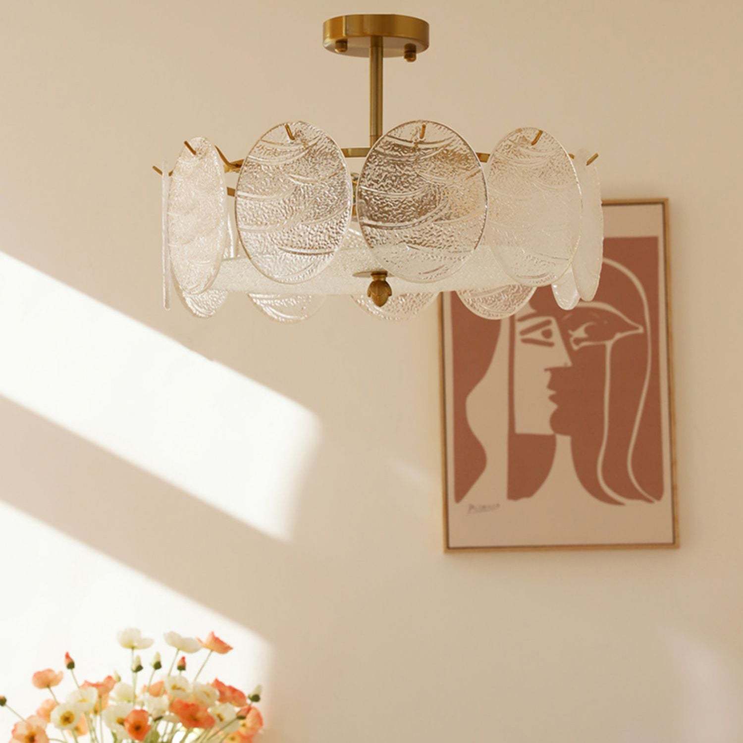 Mid-Century Circle Iron Glass Semi-Flush Ceiling Light