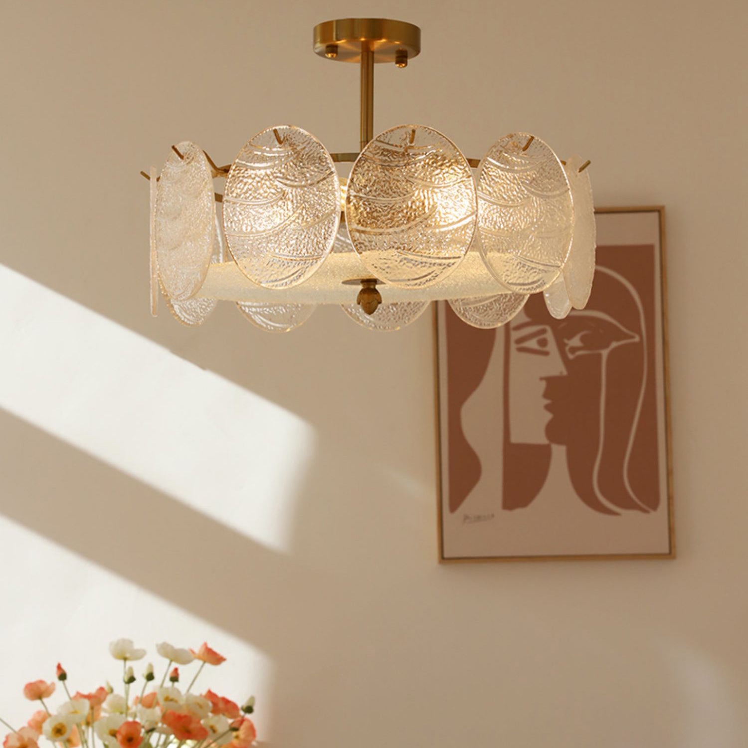 Mid-Century Circle Iron Glass Semi-Flush Ceiling Light