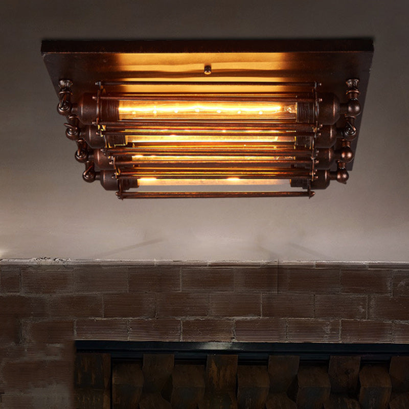 Industrial Square Iron Glass Semi-Flush Ceiling Light