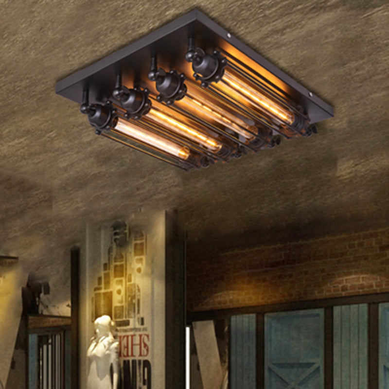 Industrial Square Iron Glass Semi-Flush Ceiling Light — 220V-240V For UK/AU
