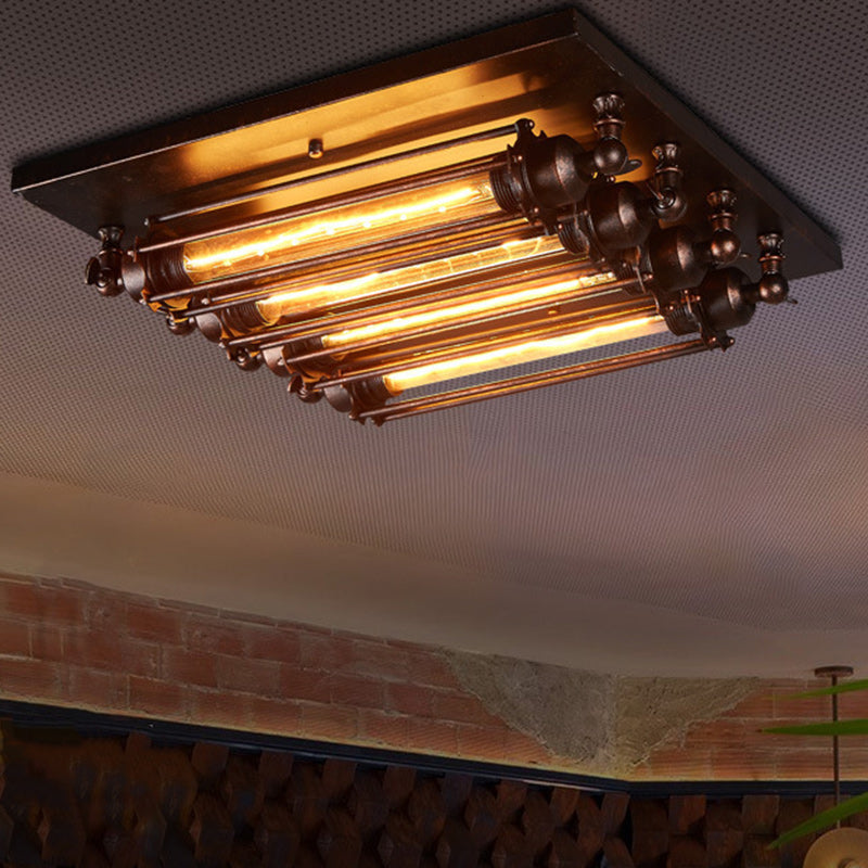 Industrial Square Iron Glass Semi-Flush Ceiling Light