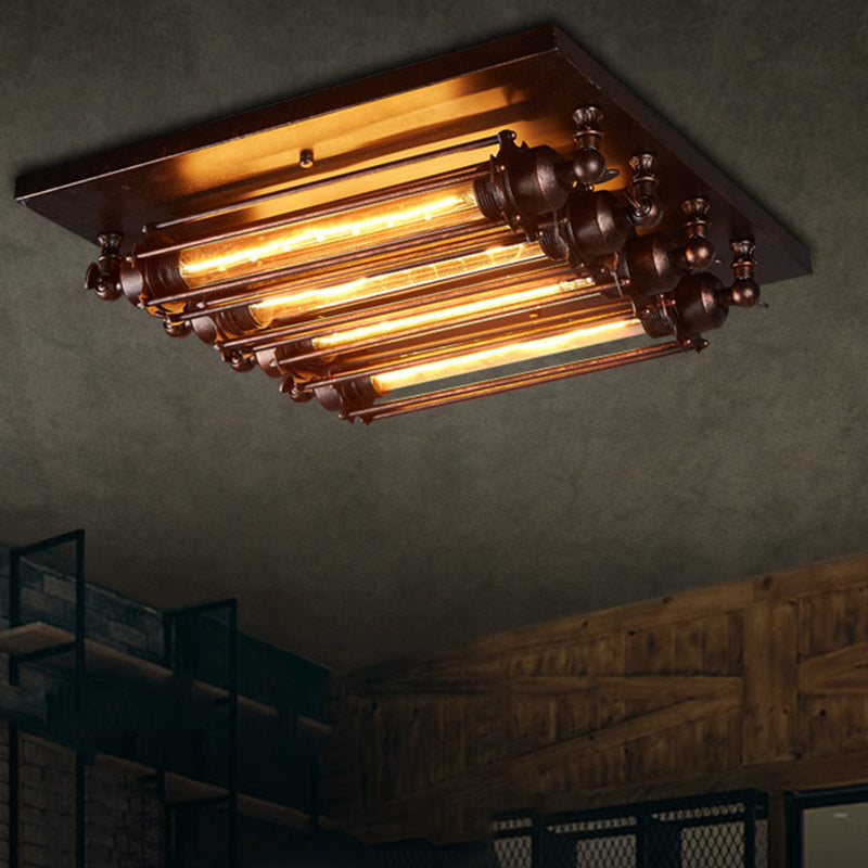 Industrial Square Iron Glass Semi-Flush Ceiling Light