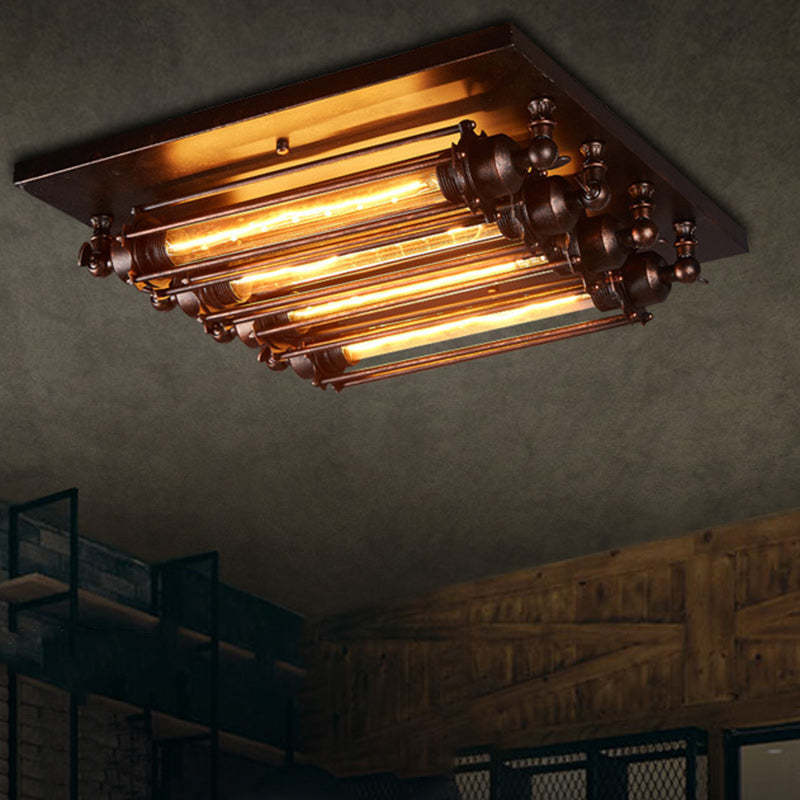 Industrial Square Iron Glass Semi-Flush Ceiling Light