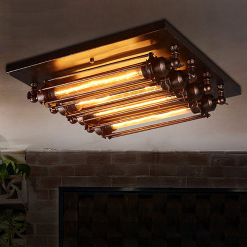 Industrial Square Iron Glass Semi-Flush Ceiling Light