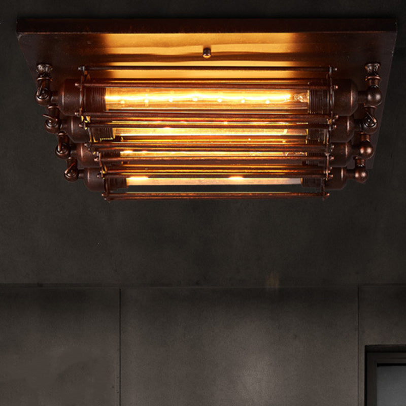 Industrial Square Iron Glass Semi-Flush Ceiling Light