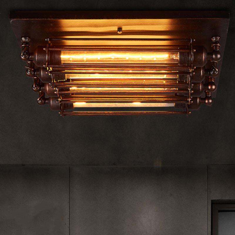 Industrial Square Iron Glass Semi-Flush Ceiling Light