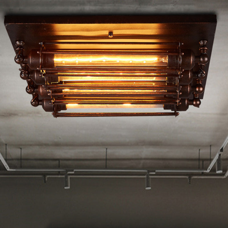 Industrial Square Iron Glass Semi-Flush Ceiling Light