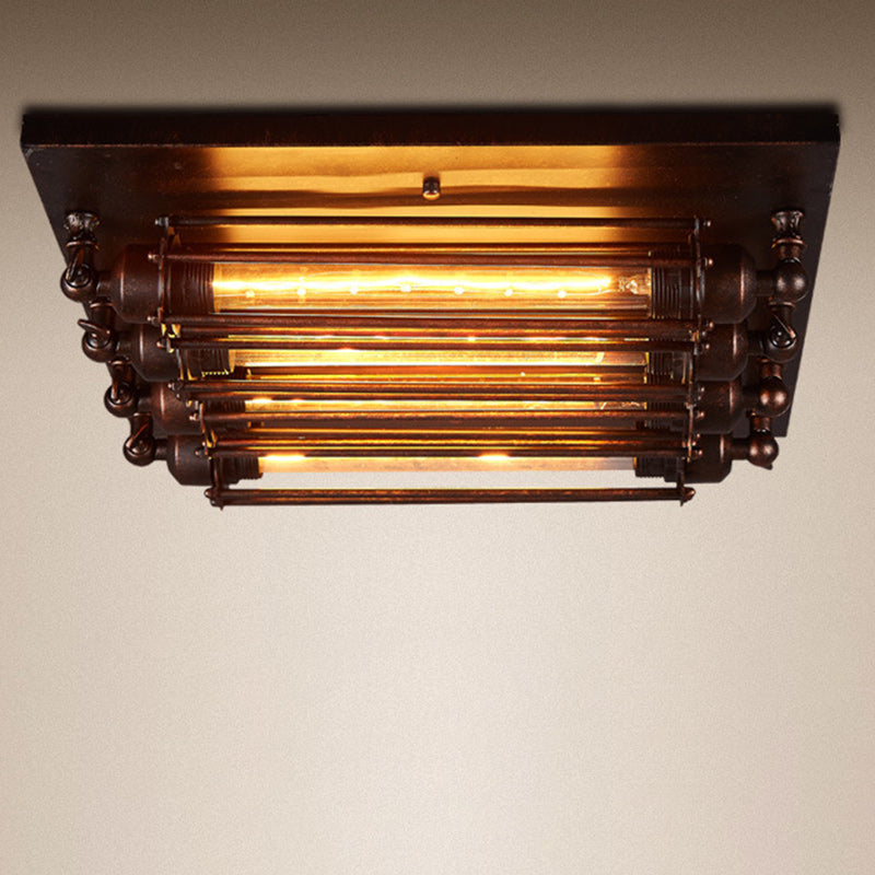 Industrial Square Iron Glass Semi-Flush Ceiling Light