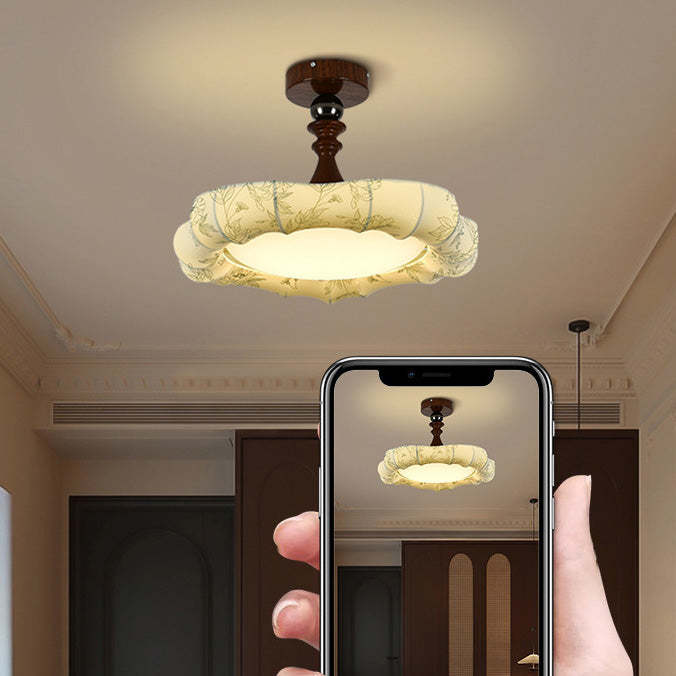 French Floral Fabric Iron Dimmable Ceiling Light