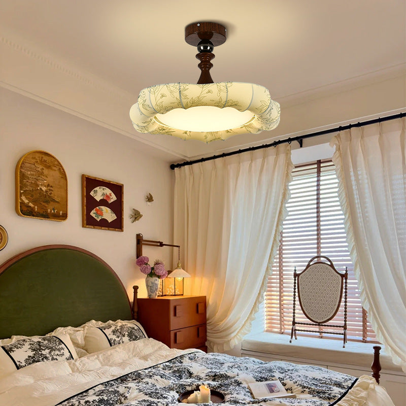 French Floral Fabric Iron Dimmable Ceiling Light