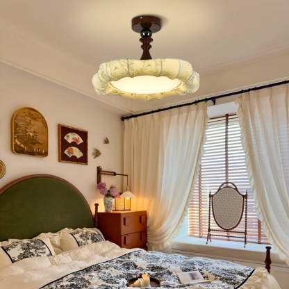 French Floral Fabric Iron Dimmable Ceiling Light