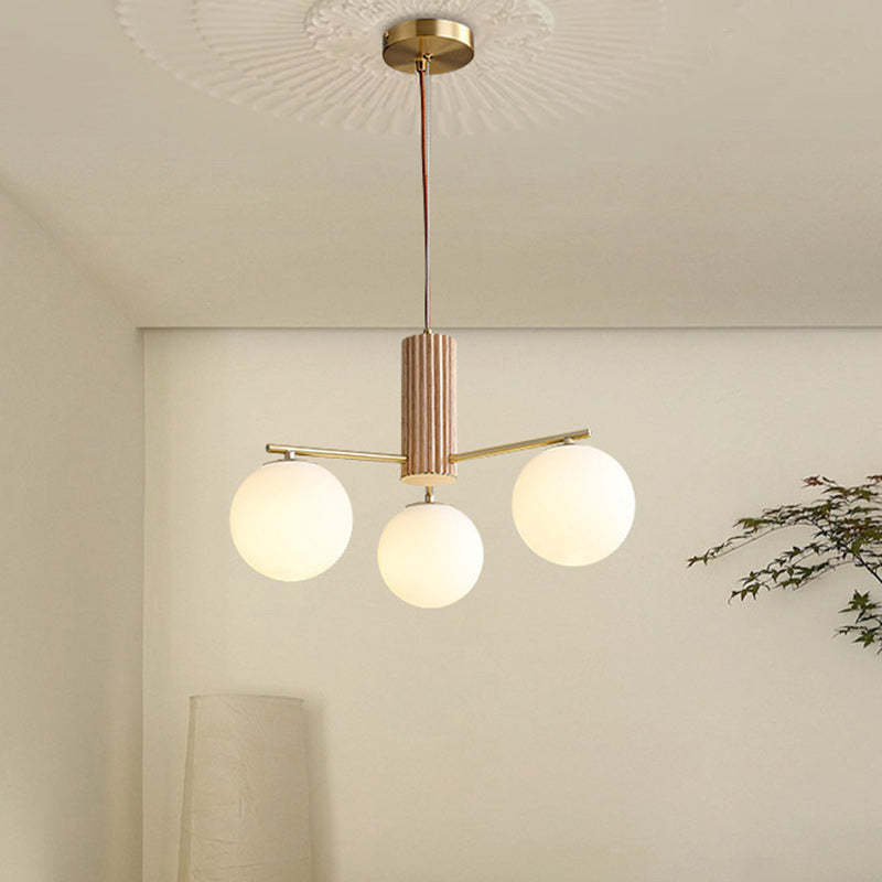 Japanese Brass Walnut Wood Glass Globe Chandelier