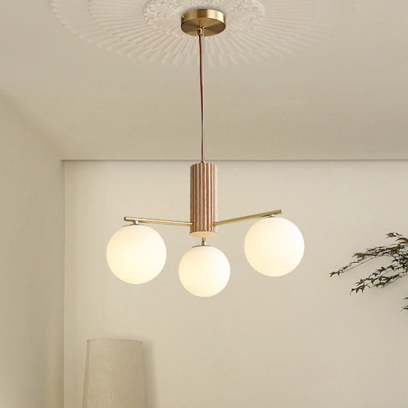 Japanese Brass Walnut Wood Glass Globe Chandelier