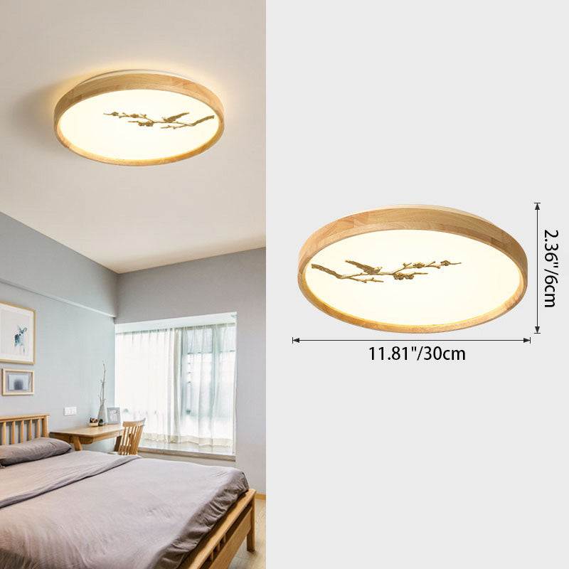 Japanese Round Twig Bird Wood LED Flush Mount Light