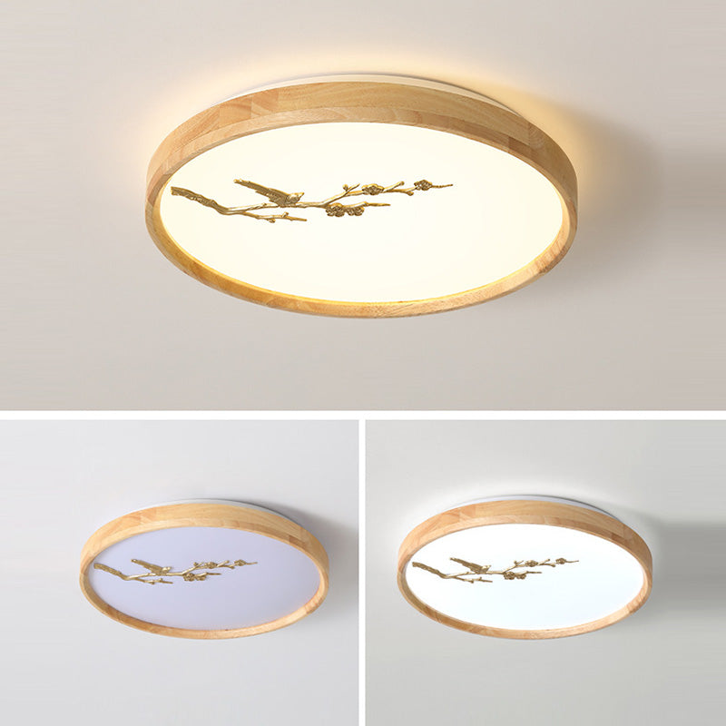 Japanese Round Twig Bird Wood LED Flush Mount Light