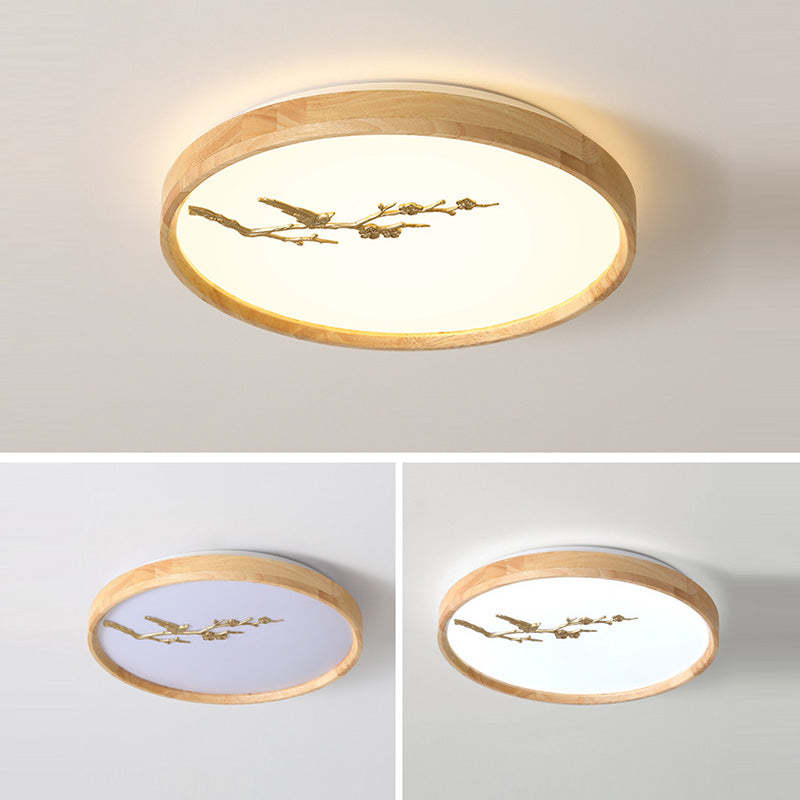 Japanese Round Twig Bird Wood LED Flush Mount Light