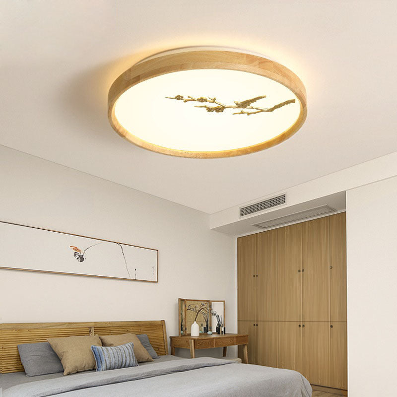 Japanese Round Twig Bird Wood LED Flush Mount Light