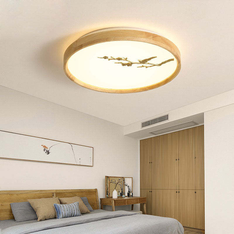 Japanese Round Twig Bird Wood LED Flush Mount Light
