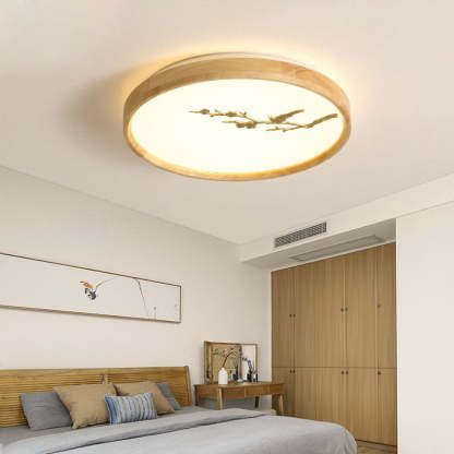 Japanese Round Twig Bird Wood LED Flush Mount Light