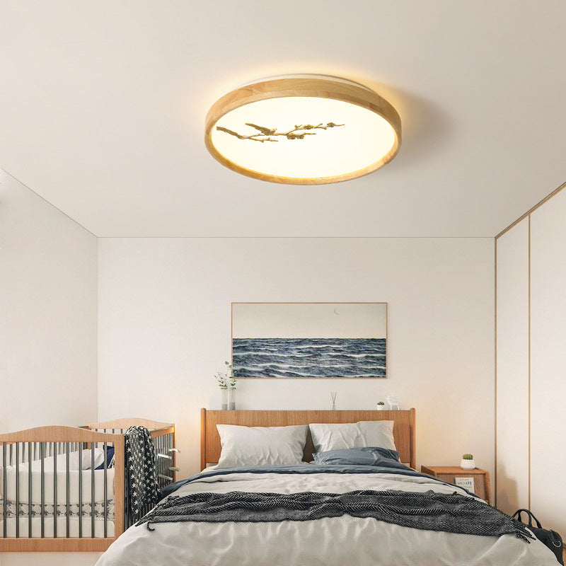 Japanese Round Twig Bird Wood LED Flush Mount Light