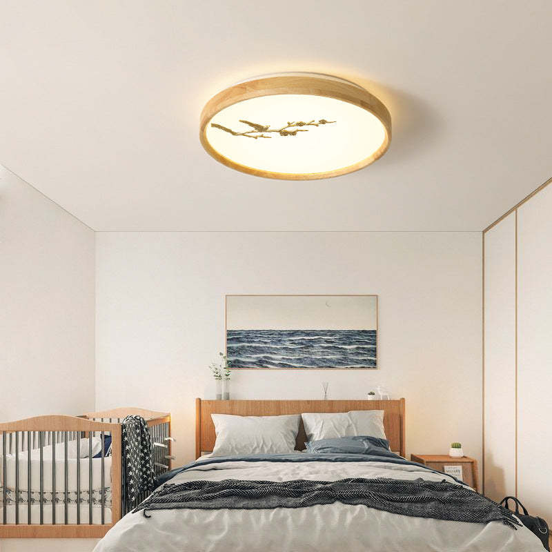 Japanese Round Twig Bird Wood LED Flush Mount Light