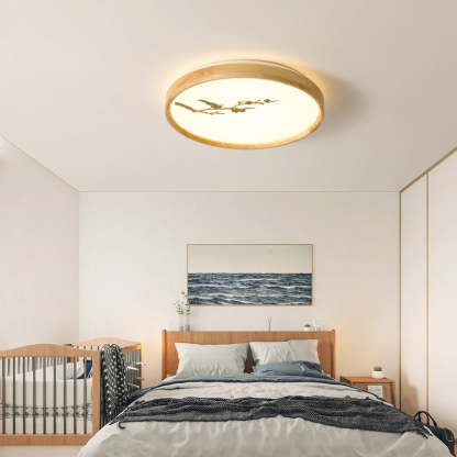 Japanese Round Twig Bird Wood LED Flush Mount Light