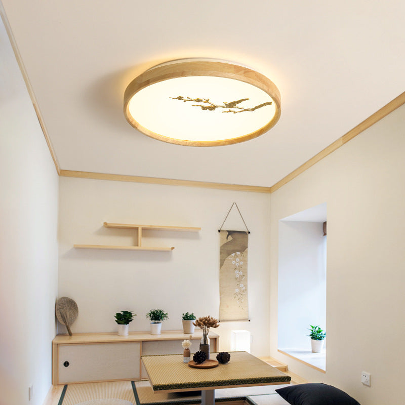 Japanese Round Twig Bird Wood LED Flush Mount Light