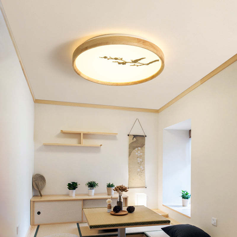 Japanese Round Twig Bird Wood LED Flush Mount Light