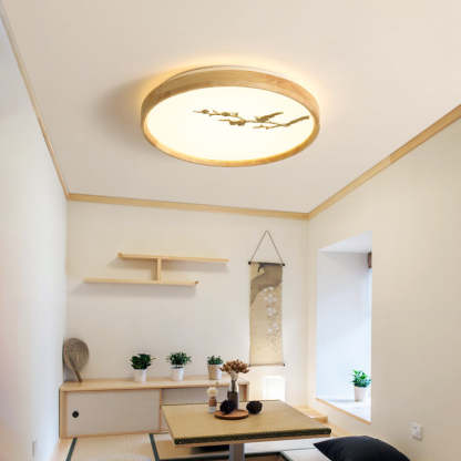 Japanese Round Twig Bird Wood LED Flush Mount Light