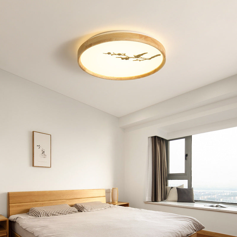 Japanese Round Twig Bird Wood LED Flush Mount Light