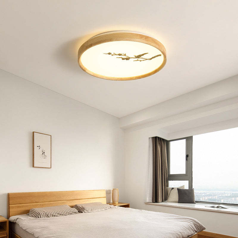 Japanese Round Twig Bird Wood LED Flush Mount Light