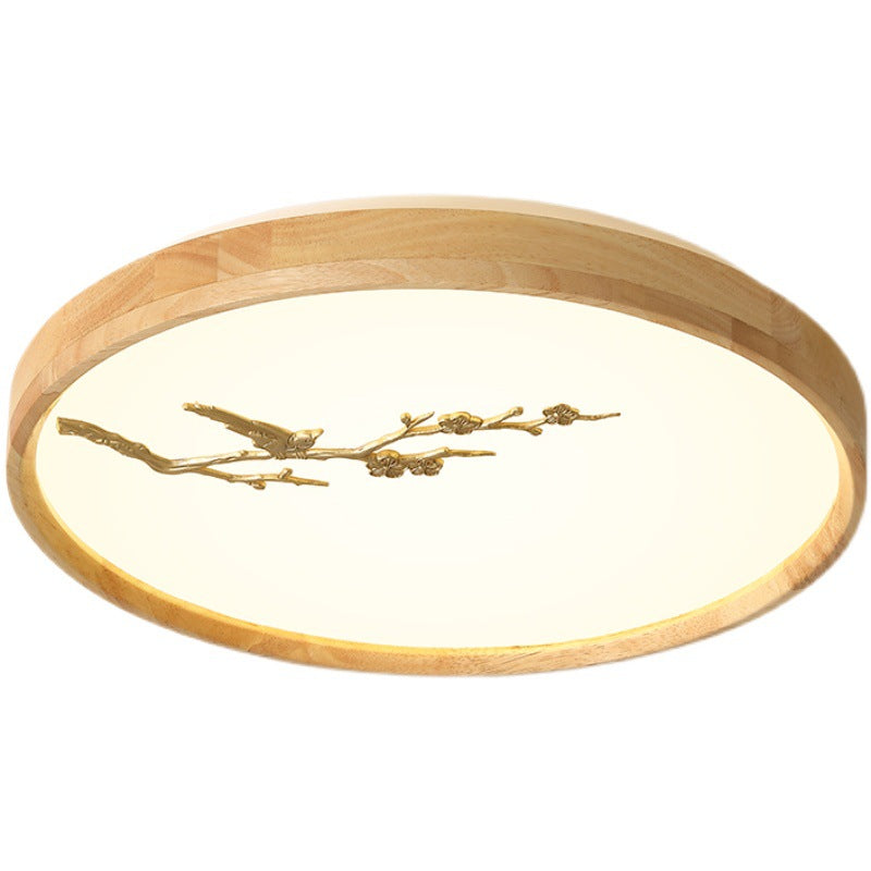 Japanese Round Twig Bird Wood LED Flush Mount Light
