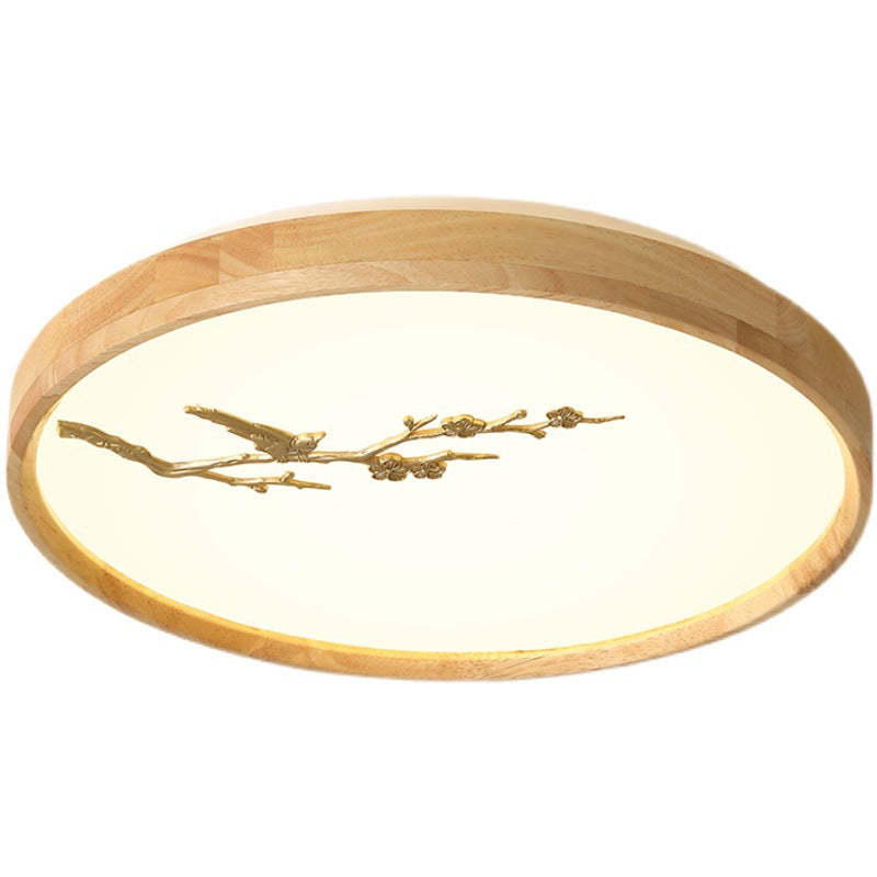 Japanese Round Twig Bird Wood LED Flush Mount Light