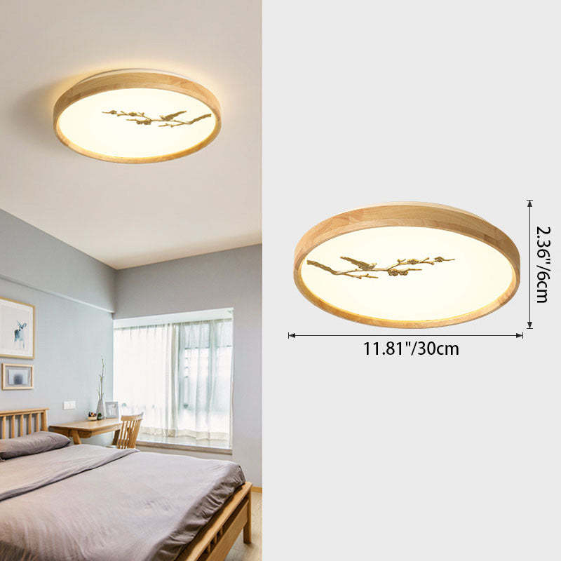 Japanese Round Twig Bird Wood LED Flush Mount Light