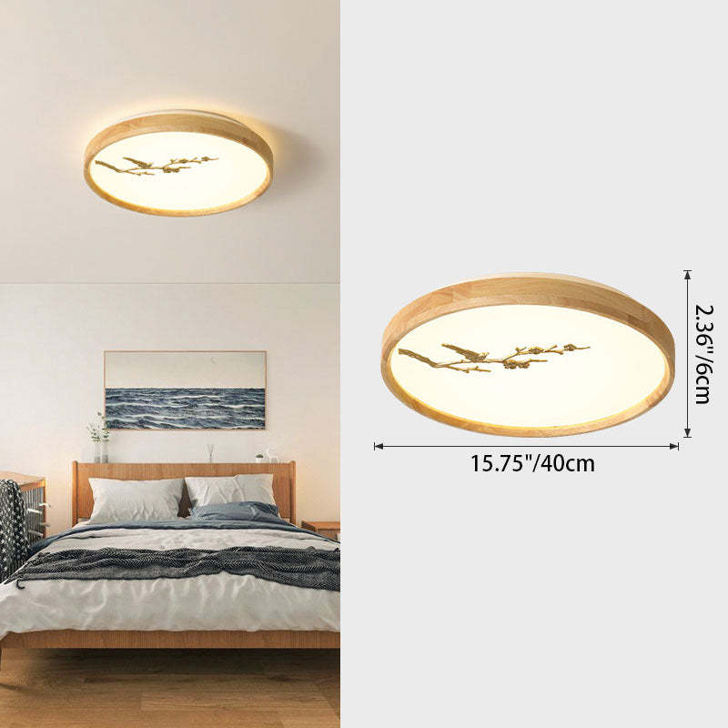 Japanese Round Twig Bird Wood LED Flush Mount Light