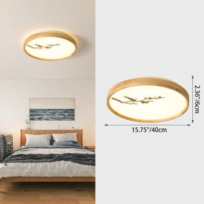 Japanese Round Twig Bird Wood LED Flush Mount Light