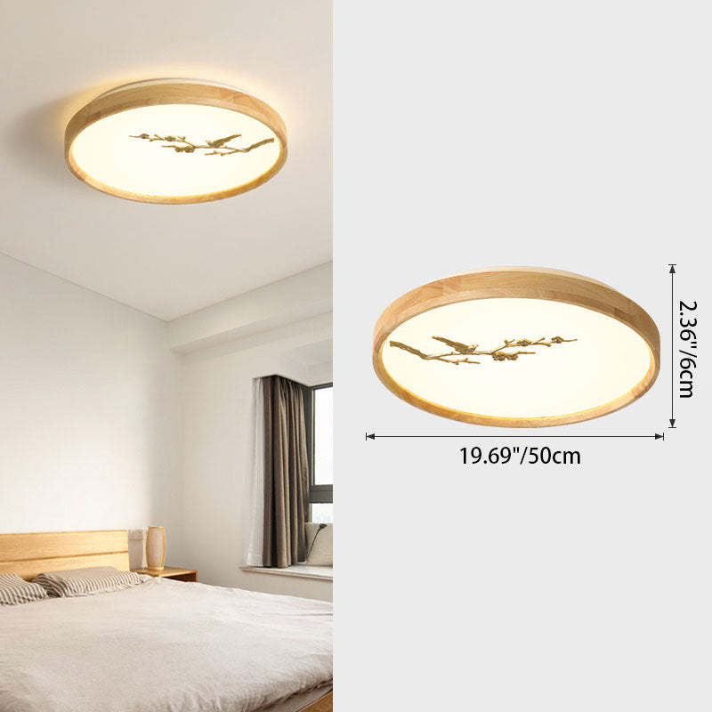 Japanese Round Twig Bird Wood LED Flush Mount Light