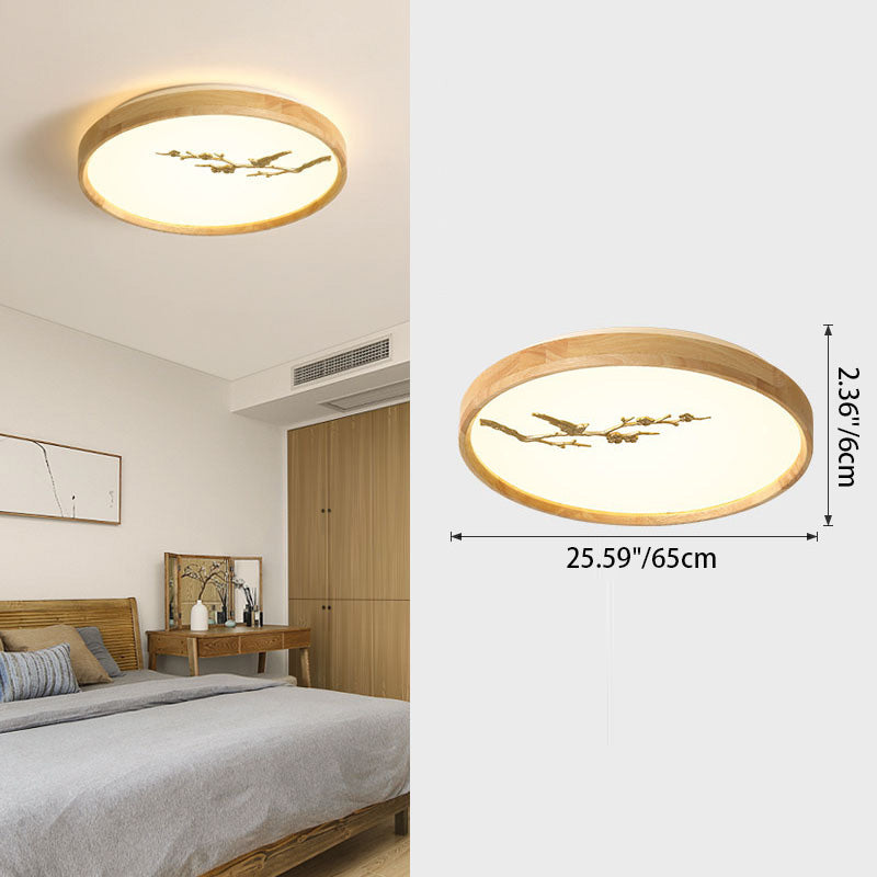 Japanese Round Twig Bird Wood LED Flush Mount Light