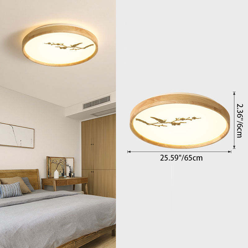 Japanese Round Twig Bird Wood LED Flush Mount Light
