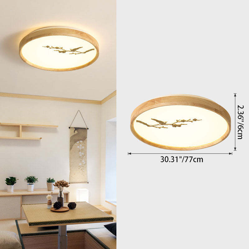 Japanese Round Twig Bird Wood LED Flush Mount Light