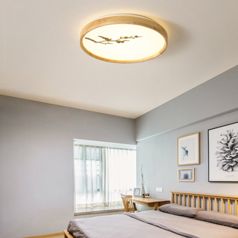 Japanese Round Twig Bird Wood LED Flush Mount Light