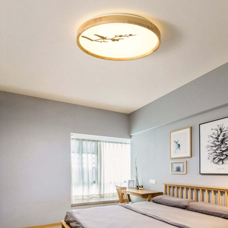 Japanese Round Twig Bird Wood LED Flush Mount Light