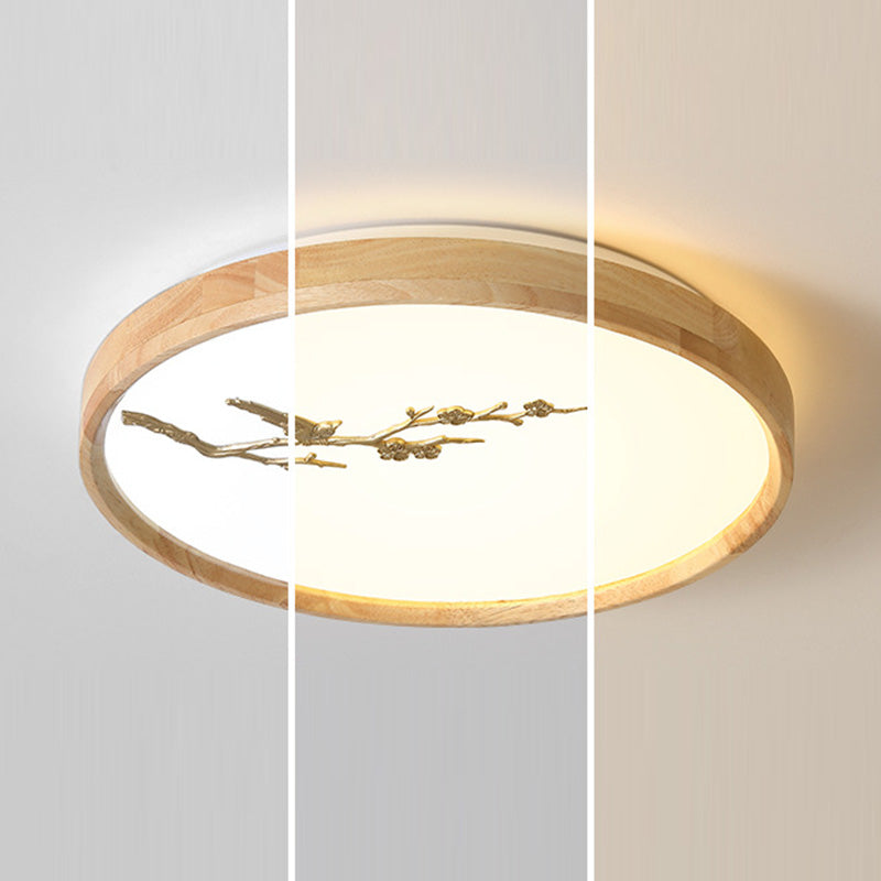 Japanese Round Twig Bird Wood LED Flush Mount Light