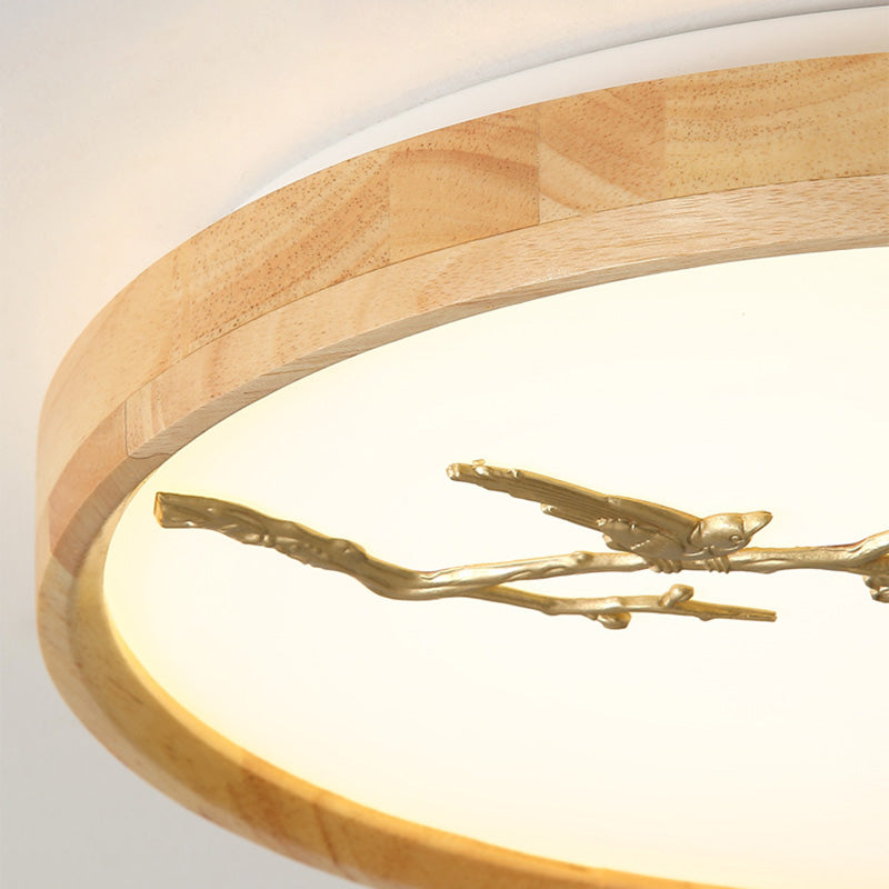 Japanese Round Twig Bird Wood LED Flush Mount Light